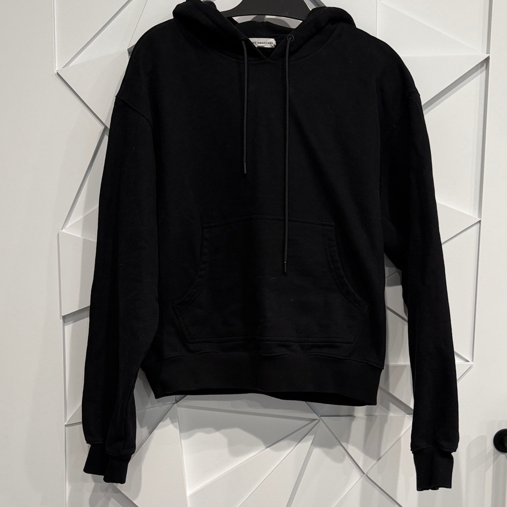 Good American Black Hooded Pullover Sweatshirt with Kangaroo Pocket
